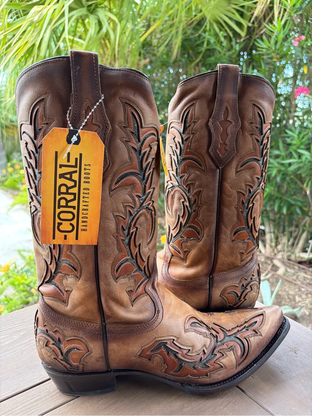 NEW Men’s CORRAL C3845 Honey/Grey Inlay Leather Cowboy Boots Snip Toe SZ 11.5